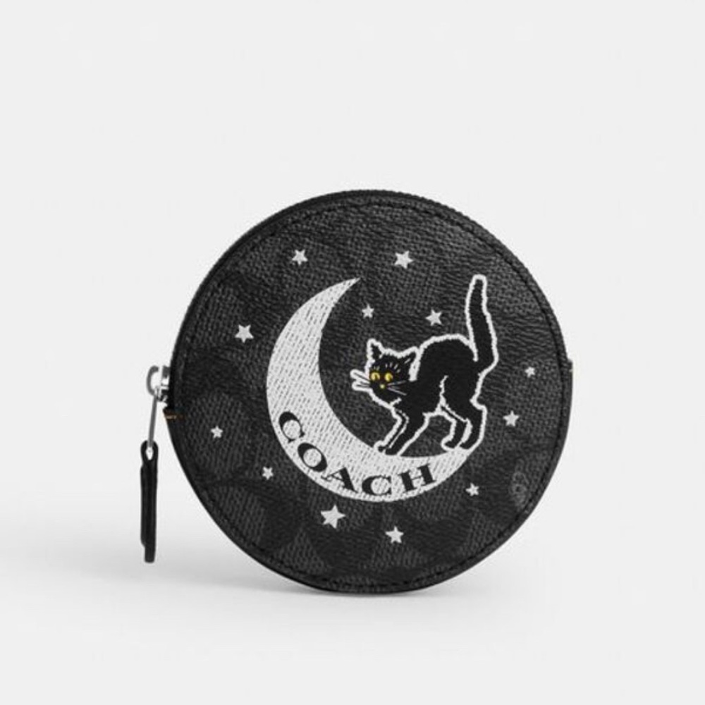 New Coach Halloween Coin Card Case w/ Cat & Moon Signature Canvas & Leather